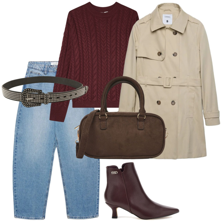 Outfit donna - Curvy back. per Ufficio. Abbinamento con trench, jeans, cinture, maglieria, borse a tracolla, stivaletti.
