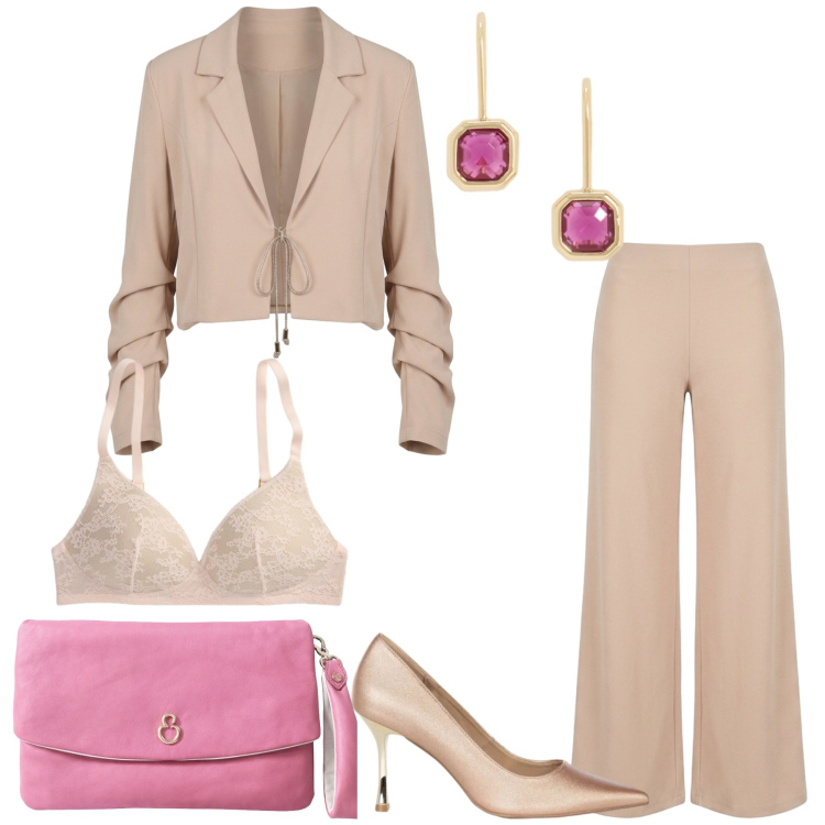 Outfit donna - Genny. Stile Glamour per Serata fuori. Abbinamento con décolleté, pochette, top, pantaloni a palazzo, reggiseni, orecchini.