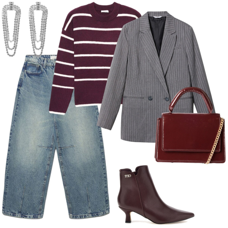 Outfit donna - Curvy back. per Ufficio. Abbinamento con orecchini, borse a tracolla, blazer, pullovers, jeans, stivaletti.