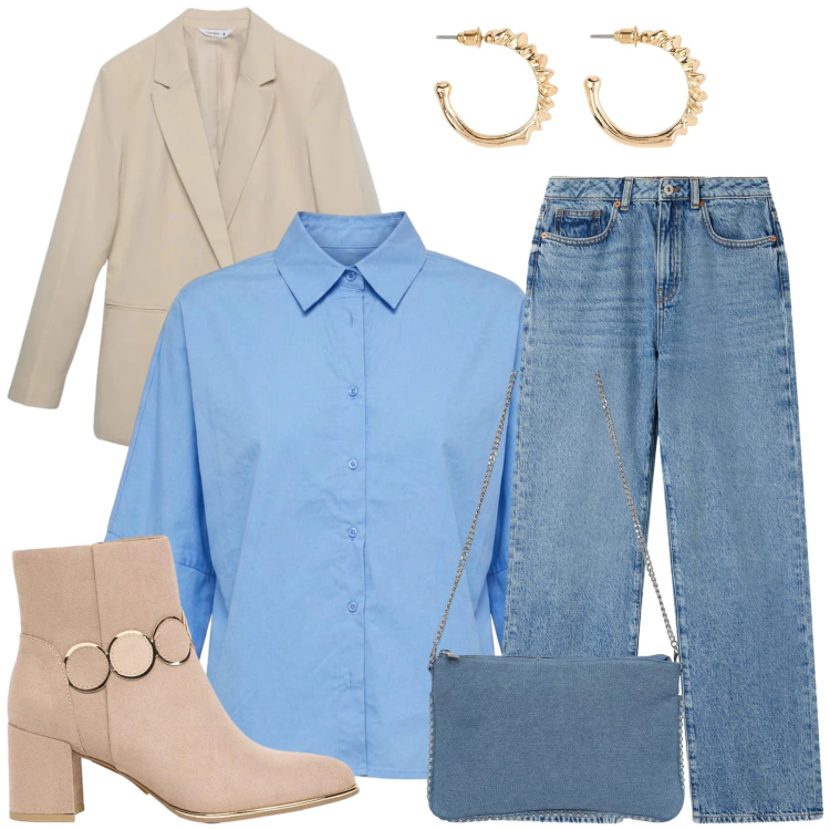 Outfit donna - Erika. Stile Casual chic per Tutti i giorni. Abbinamento con orecchini, stivaletti, blazer, borse a tracolla, jeans dritti, camicie a manica corta.