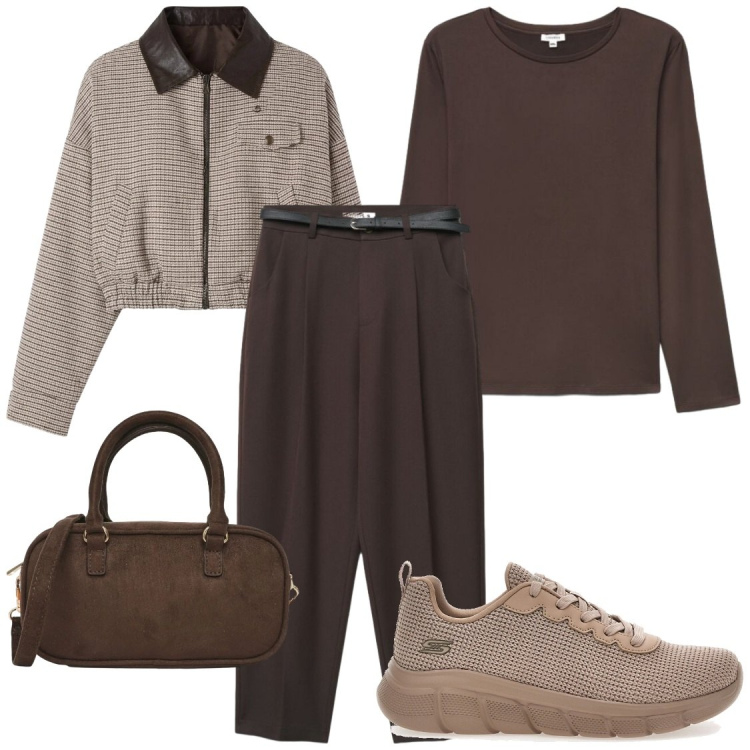 Outfit donna - Comoda e chic. Stile Chic per Ufficio. Abbinamento con cappotti, borse a tracolla, pantaloni chino, t-shirt, sneakers.