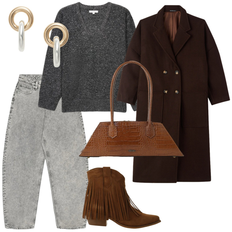 Outfit donna - Curvy back. per Ufficio. Abbinamento con stivaletti texani, borse a spalla, jeans, maglieria, cappotti, orecchini.