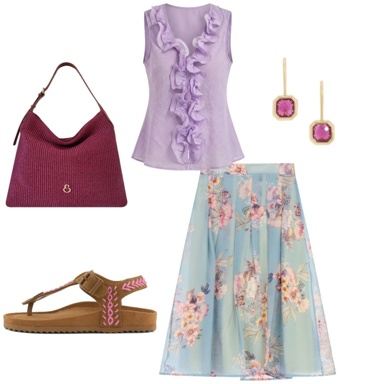 Outfit donna - Total look #2470051. Stile Romantica per Tutti i giorni. Abbinamento con gonne longuette, camicie a manica corta, borse a spalla, orecchini, infradito.