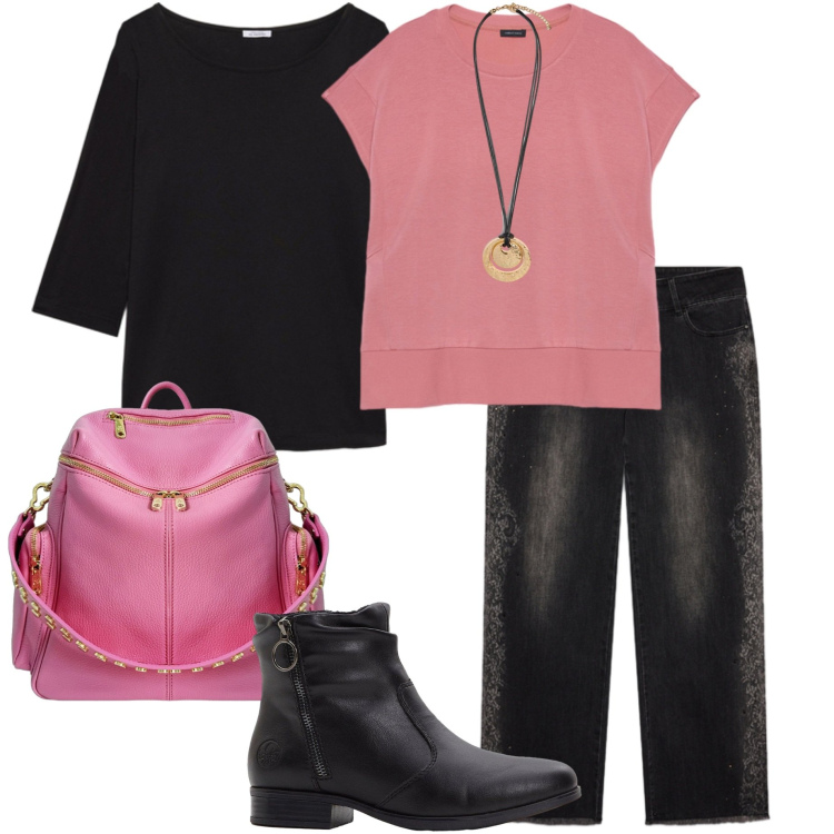Outfit donna - Settembre. Stile Casual chic per Tutti i giorni. Abbinamento con stivaletti, felpe, jeans, ciondoli, t-shirt, zaini.