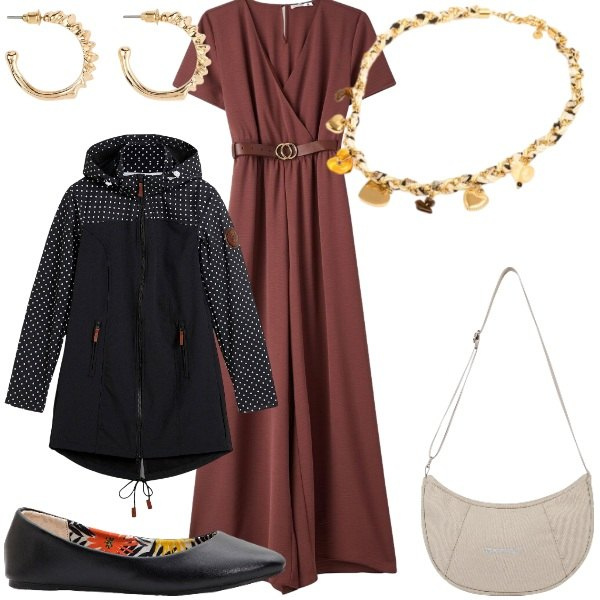 Outfit donna - I primi giorni di settembre. Stile Casual chic per Tutti i giorni. Abbinamento con ballerine, blazer, orecchini, vestiti lunghi, borse a spalla, collane.