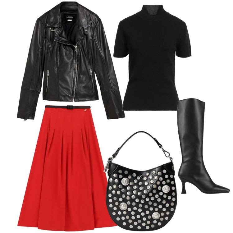 Outfit donna - Serata rock. Stile Rock per Serata fuori. Abbinamento con maglieria, stivali, giacche, gonne lunghe, borse a mano.