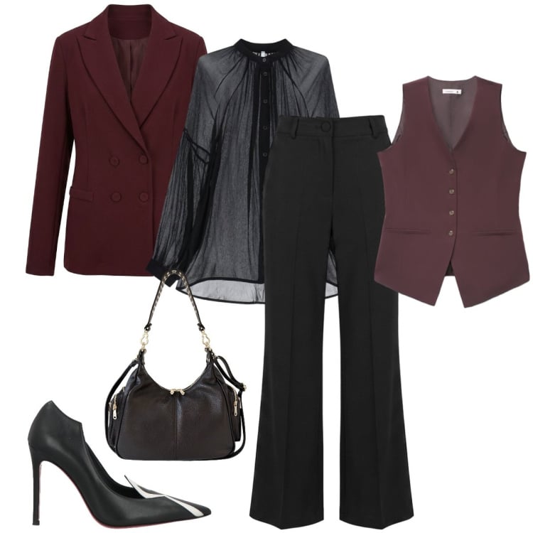 Outfit donna - Total look #2470058. Stile Trendy per Tutti i giorni. Abbinamento con décolleté, camicie, gilet, borse a spalla, pantaloni, blazer.