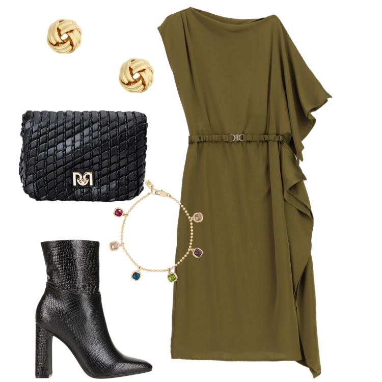 Outfit donna - A cena. Stile Minimal per Serata fuori. Abbinamento con stivaletti, vestiti asimmetrici, borse a tracolla, orecchini, braccialetti.