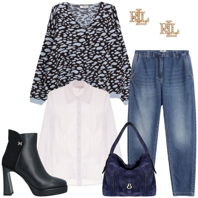 Outfit donna - Ludmilla. Stile Casual chic per Tutti i giorni. Abbinamento con stivaletti, camicie, maglieria, jeans, borse a spalla, orecchini.