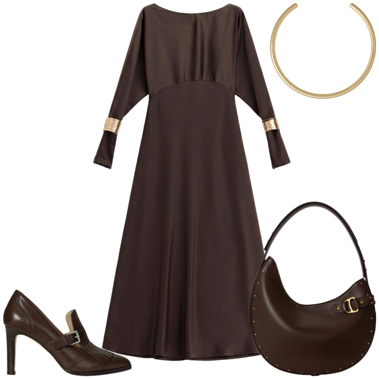 Outfit donna - Alessia. Stile Glamour per Serata fuori. Abbinamento con vestiti lunghi, collane, borse a spalla, décolleté.
