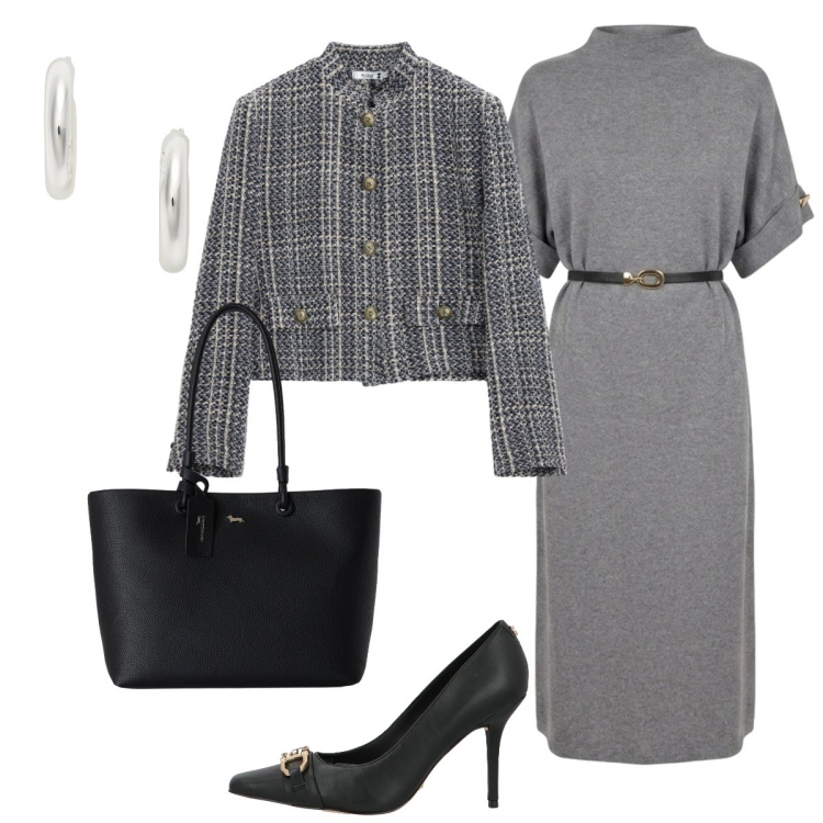Outfit donna - Riunione di lavoro. Stile Chic per Ufficio. Abbinamento con décolleté, shopping bag, cappotti, vestiti midi/longuette, orecchini.