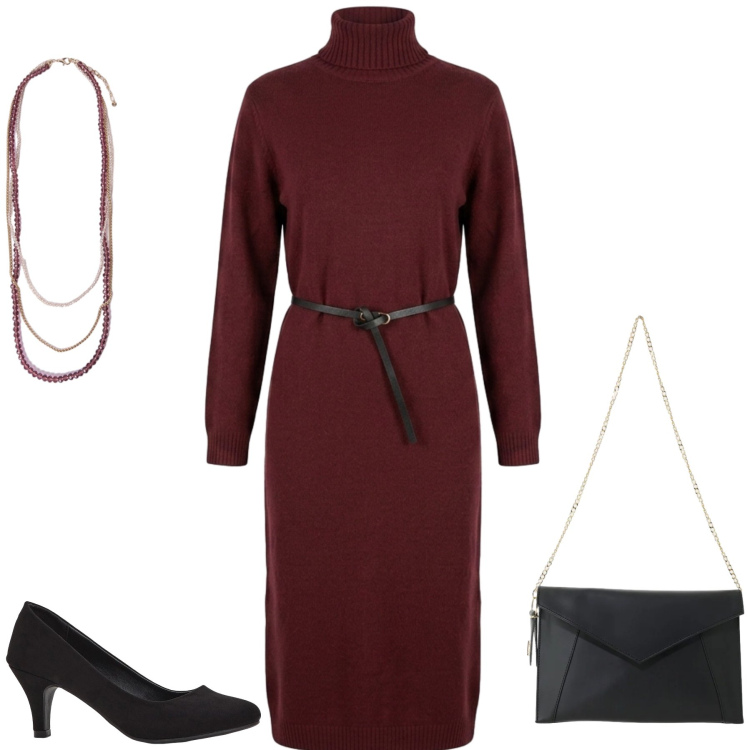 Outfit donna - Serata fuori. Stile Casual chic per Serata fuori. Abbinamento con décolleté, borse a tracolla, collane, vestiti midi/longuette.