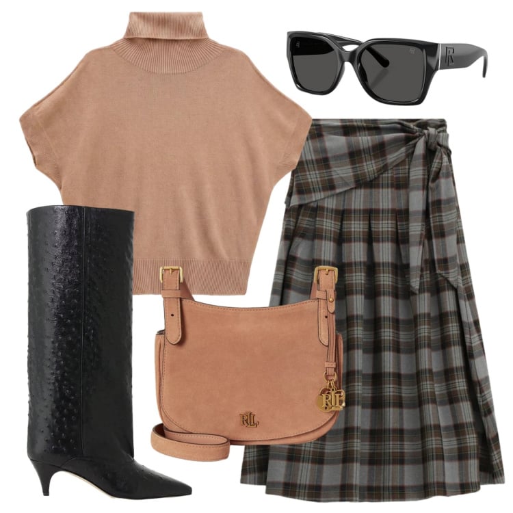 Outfit donna - Il ritorno del tartan. Stile Trendy per Tutti i giorni. Abbinamento con t-shirt, gonne longuette, stivali, occhiali da sole, borse a tracolla.