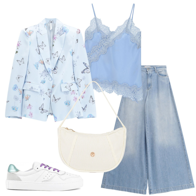 Outfit donna - Azzurro come il cielo. Stile Casual per Tutti i giorni. Abbinamento con blazer, top, jeans, borse a mano, sneakers.
