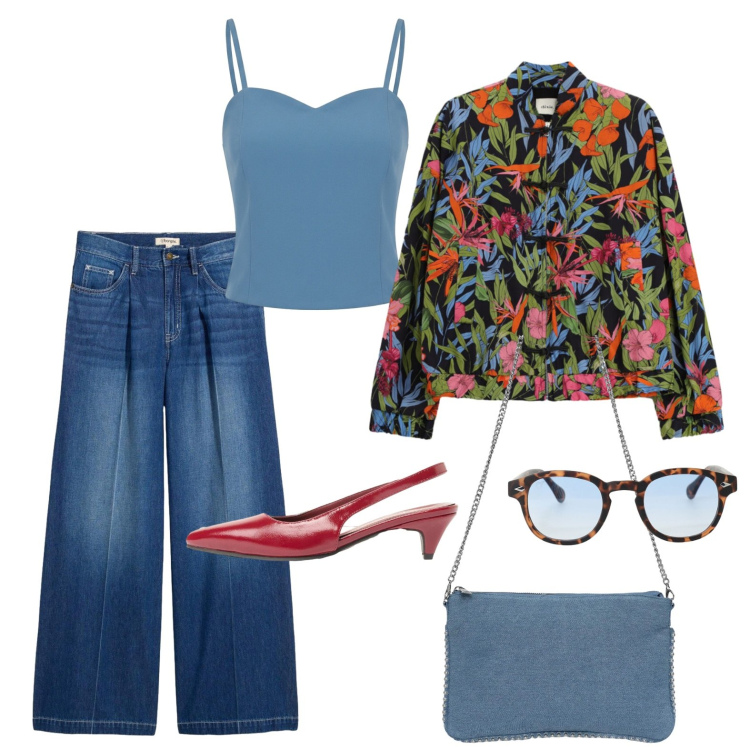 Outfit donna - Domenica frizzante. Stile Trendy per Tutti i giorni. Abbinamento con jeans, décolleté, occhiali da sole, bomber, borse a tracolla, canottiere.