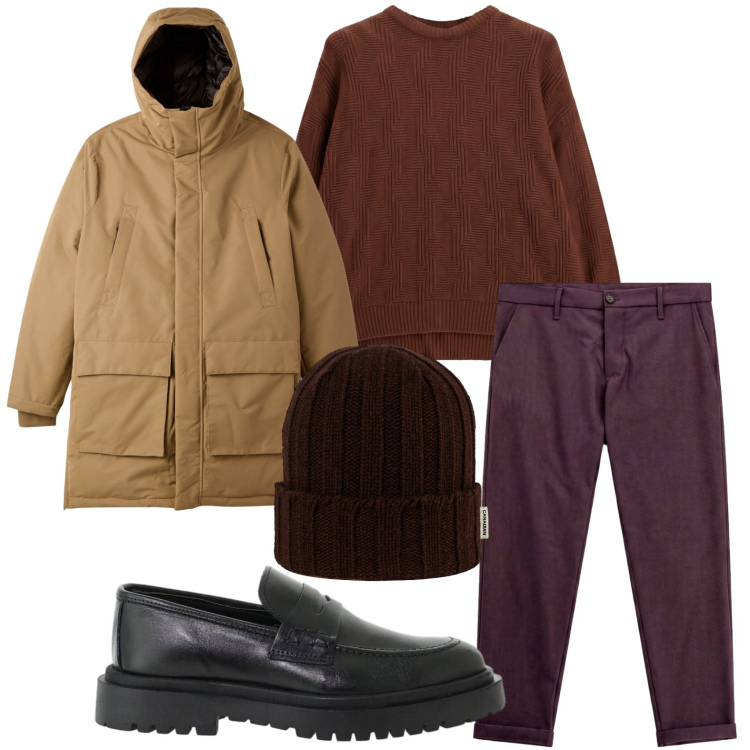 Outfit uomo - Streetwear dal tocco elegante. Stile Trendy per Tutti i giorni. Abbinamento con scarpe stringate, maglieria, pantaloni, parka, berretti.