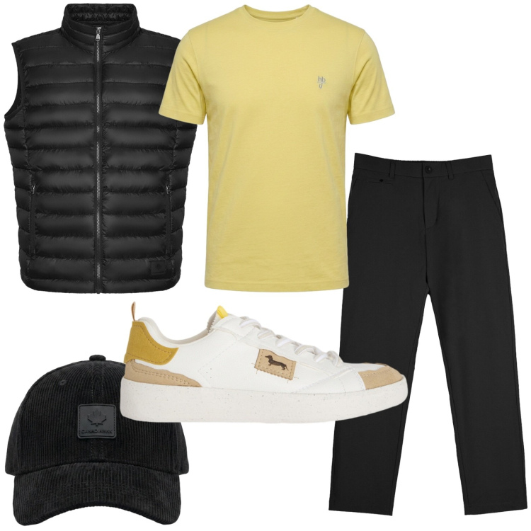 Outfit uomo - Sportivo casual. Stile Casual per Tutti i giorni. Abbinamento con sneakers, t-shirt, pantaloni chino, piumini, cappelli con visiera.