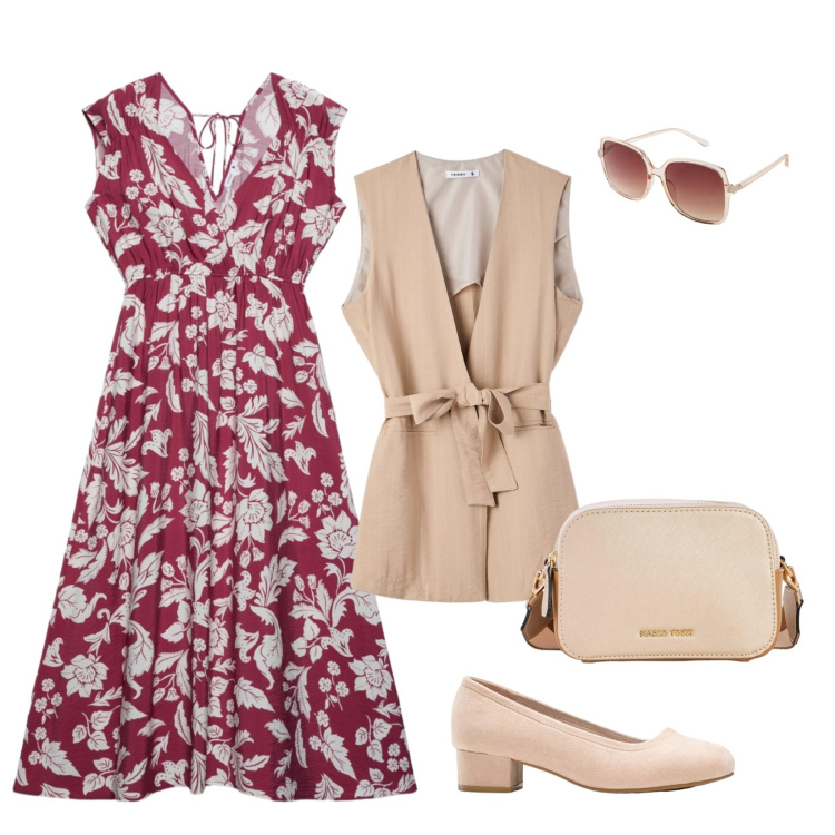 Outfit donna - Passeggio. Stile Romantica per Tutti i giorni. Abbinamento con décolleté, occhiali da sole, borse a tracolla, vestiti midi/longuette, gilet.