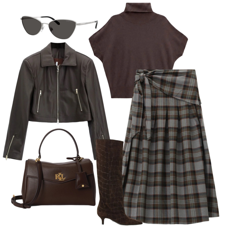Outfit donna - Tartan grigio & moro. Stile Trendy per Tutti i giorni. Abbinamento con t-shirt, stivali, giacche, gonne longuette, occhiali da sole, borse a mano.