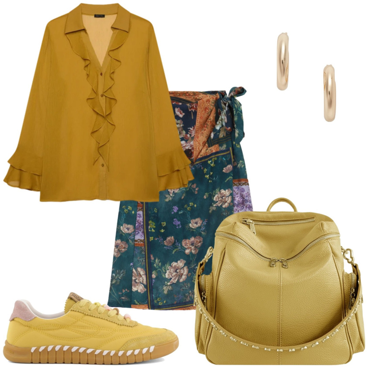 Outfit donna - Libertà. Stile Trendy per Tutti i giorni. Abbinamento con gonne longuette, bluse, zaini, orecchini, sneakers.