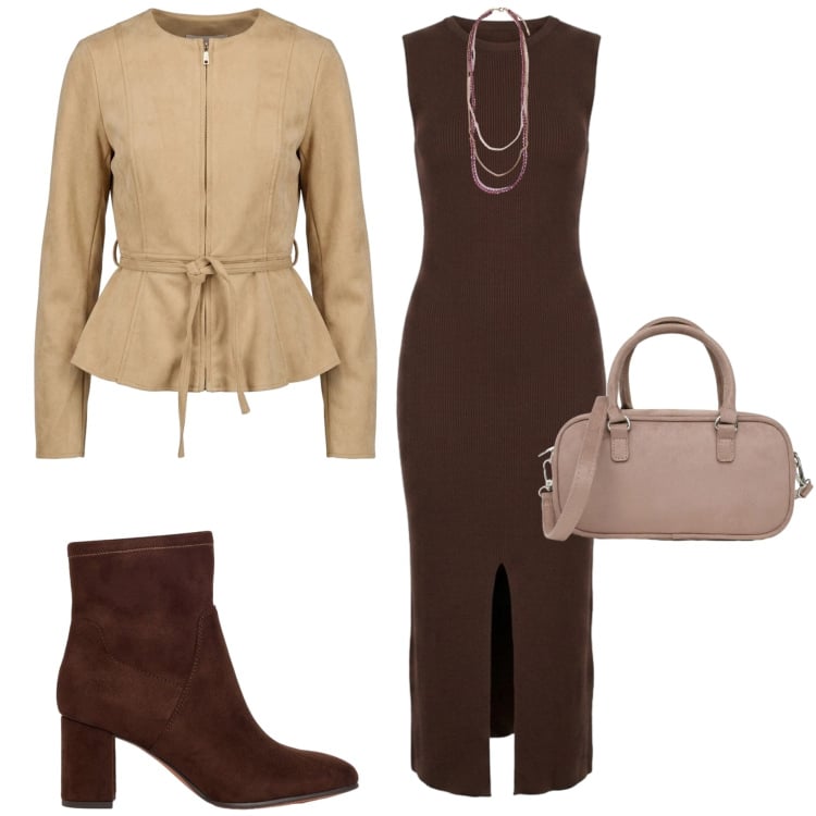 Outfit donna - Casual chic. Stile Casual chic per Serata fuori. Abbinamento con stivaletti, borse a tracolla, collane, blazer, vestiti midi/longuette.