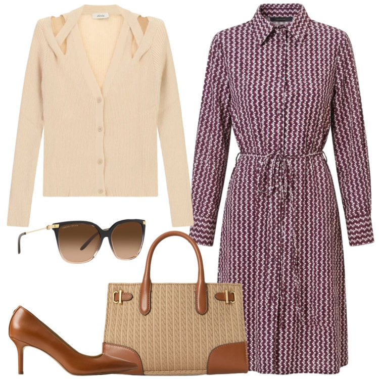 Outfit donna - Mezza stagione. Stile Casual chic per Ufficio. Abbinamento con cardigans, vestiti chemisier, occhiali da sole, décolleté, borse tote.