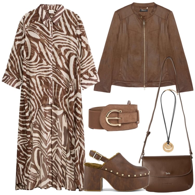 Outfit donna - Lo chemisier ed il giubbino in pelle. Stile Urban per Tutti i giorni. Abbinamento con vestiti chemisier, borse a tracolla, blazer, ciondoli, cinture, sabot.