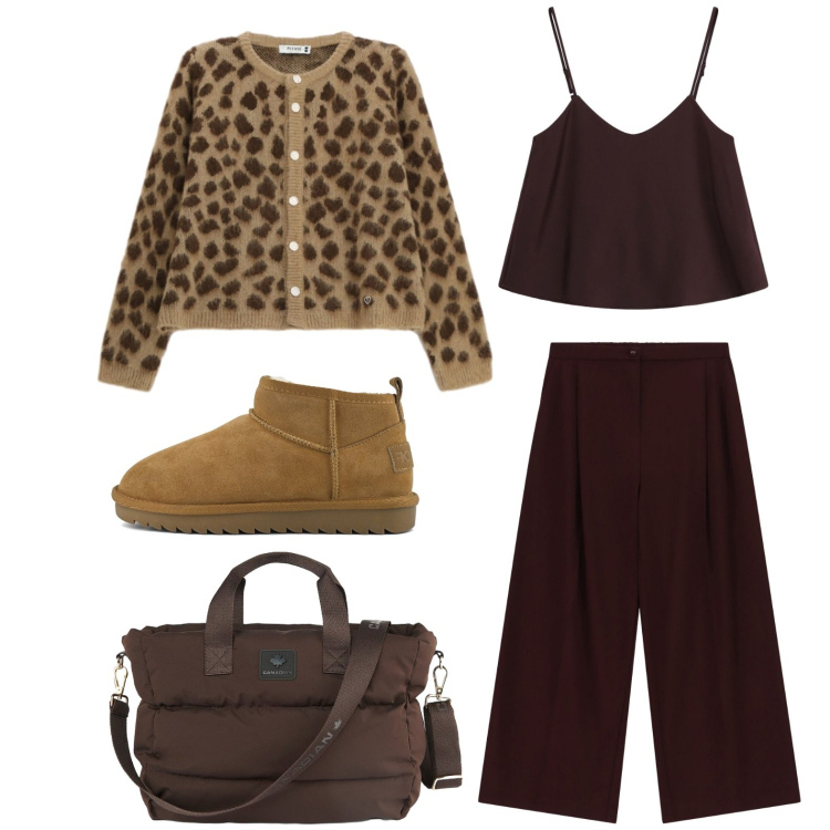 Outfit donna - Bighellonando. Stile Trendy per Tutti i giorni. Abbinamento con pantaloni a palazzo, top, cardigans, borse tote, stivali.