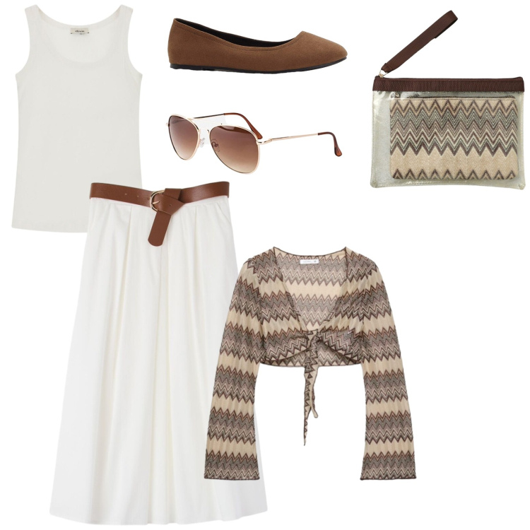 Outfit donna - Total look #2470092. Stile Basic per Mare. Abbinamento con ballerine, occhiali da sole, canottiere, pochette, gonne longuette, blazer.