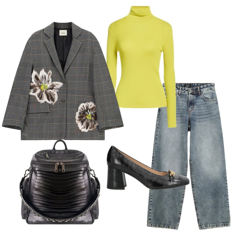 Outfit donna - Maxi fiori. Stile Trendy per Ufficio. Abbinamento con maglieria, décolleté, jeans dritti, blazer, zaini.