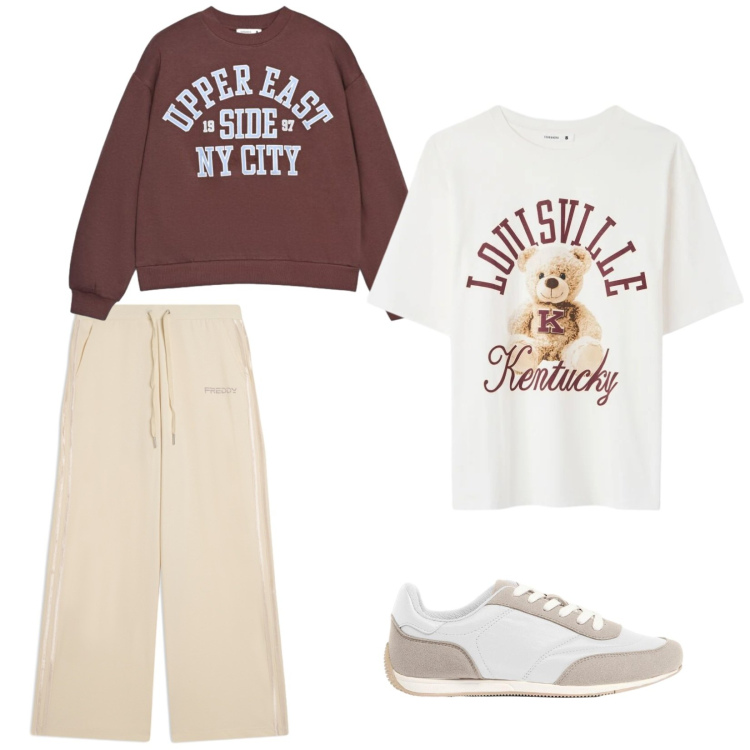 Outfit donna - Scuola. Stile Basic per Scuola/Università. Abbinamento con pantaloni, t-shirt, felpe, sneakers.