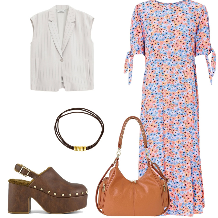 Outfit donna - Total look #2470111. Stile Boho per Tutti i giorni. Abbinamento con vestiti midi/longuette, gilet, borse a spalla, cinture, sabot.