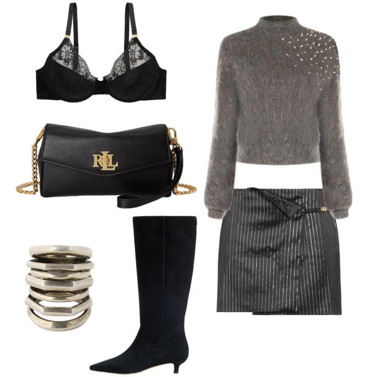 Outfit donna - Sabato sera con le amiche. Stile Glamour per Serata fuori. Abbinamento con minigonne, maglieria, reggiseni, anelli, portafogli, stivali.