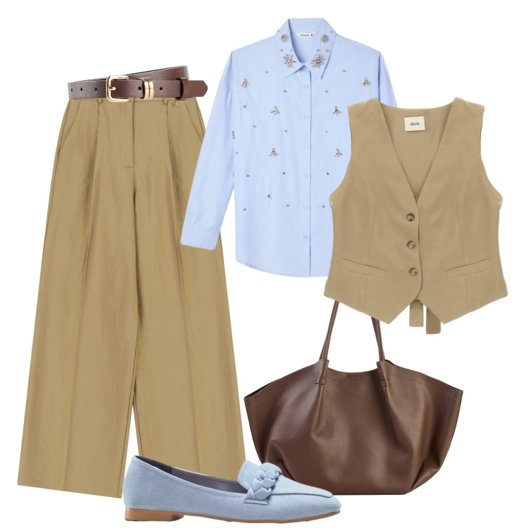 Outfit donna - Layering urbano. Stile Casual chic per Tutti i giorni. Abbinamento con mocassini, shopping bag, cinture, pantaloni a palazzo, gilet, camicie.