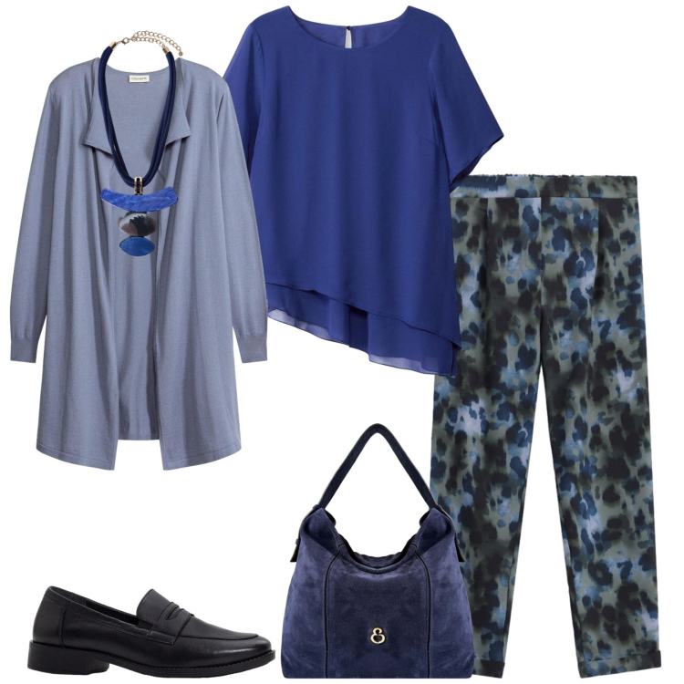 Outfit donna - Total look #2470115. Stile Casual chic per Ufficio. Abbinamento con cardigans, mocassini, bluse, pantaloni, ciondoli, borse a spalla.