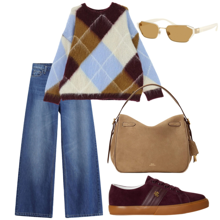 Outfit donna - Tartan mon amour. Stile Trendy per Tutti i giorni. Abbinamento con maglieria, jeans, borse a mano, occhiali da sole, sneakers.