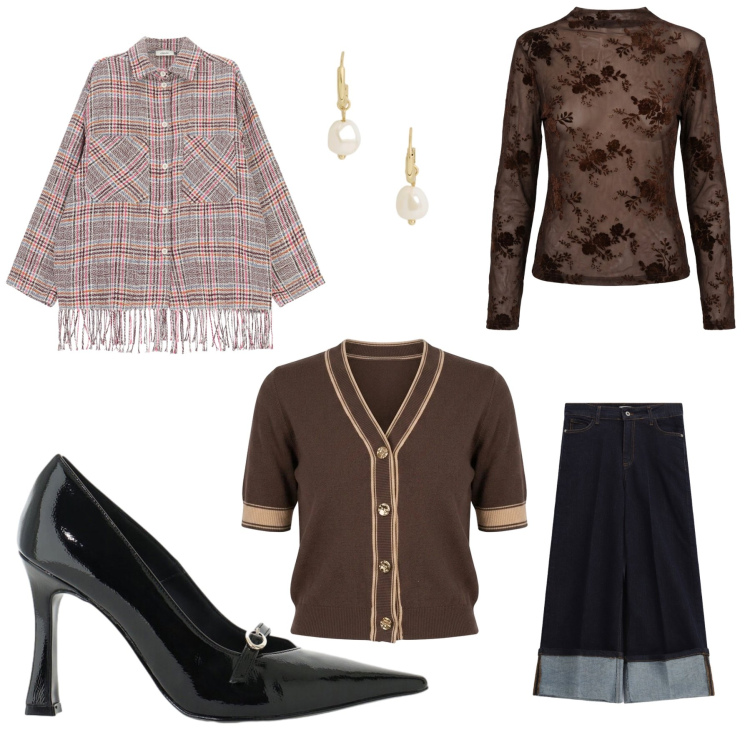 Outfit donna - Autumnmood. Stile Chic Abbinamento con décolleté, jeans, camicie, cardigans, t-shirt, orecchini.