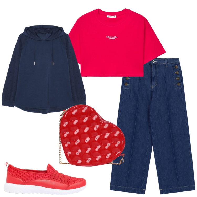 Outfit donna - Total look #2470119. Stile Casual chic per Tutti i giorni. Abbinamento con sneakers, borse a tracolla, t-shirt, jeans, felpe con cappuccio.