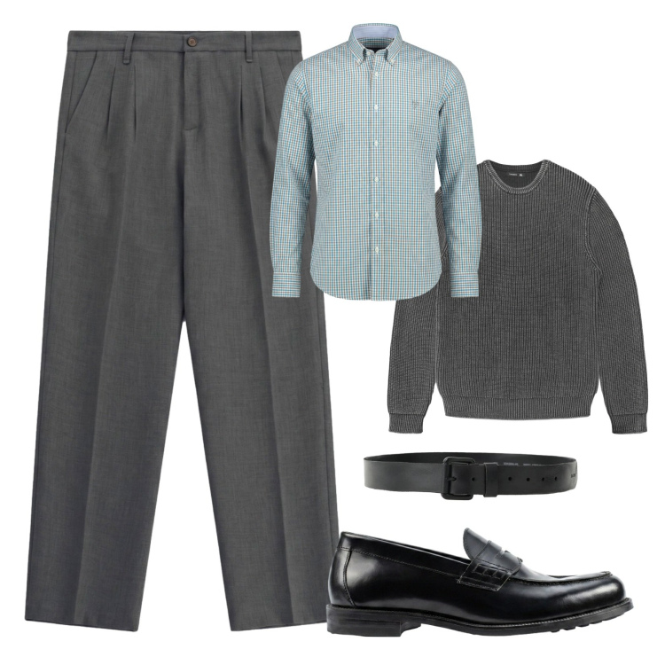Outfit uomo - Aperitivo in città. Stile Urban per Serata speciale. Abbinamento con camicie, cinture, pantaloni, maglieria, scarpe stringate.
