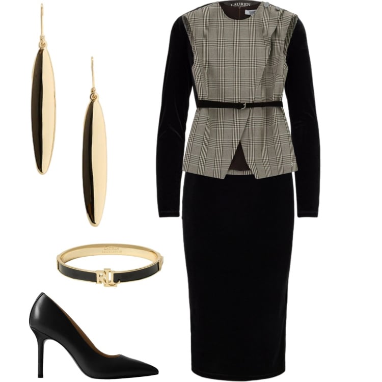Outfit donna - Black and tartan. Stile Casual chic per Serata fuori. Abbinamento con gilet, décolleté, braccialetti, orecchini, vestiti a tubino.