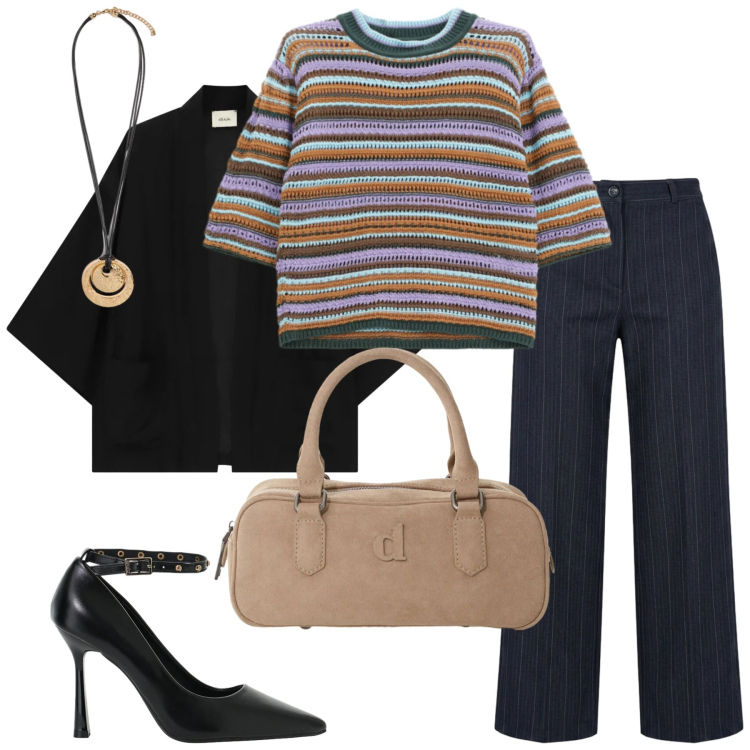 Outfit donna - Total look #2470124. Stile Glamour per Ufficio. Abbinamento con décolleté, borse a mano, maglieria, blazer, ciondoli, pantaloni a palazzo.