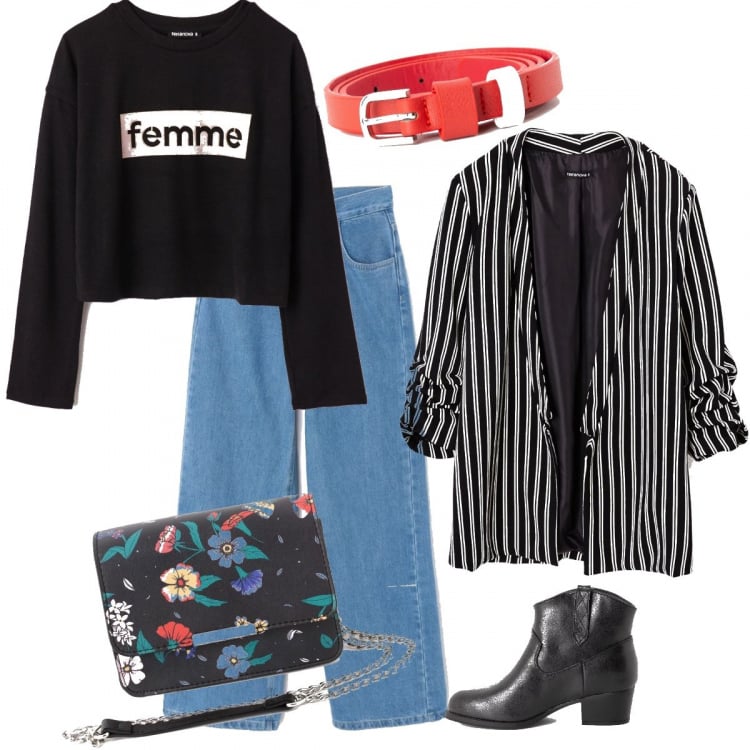 Outfit donna - Trendy #6384. Stile Trendy per Scuola/Università. Abbinamento con giacca a righe nero, pantalone wide leg vita alta in denim blu, borsa a tracolla fantasia in ecopelle nero, stivaletti in ecopelle nero, maglia nero, cintura in ecopelle tinta unita rosso.