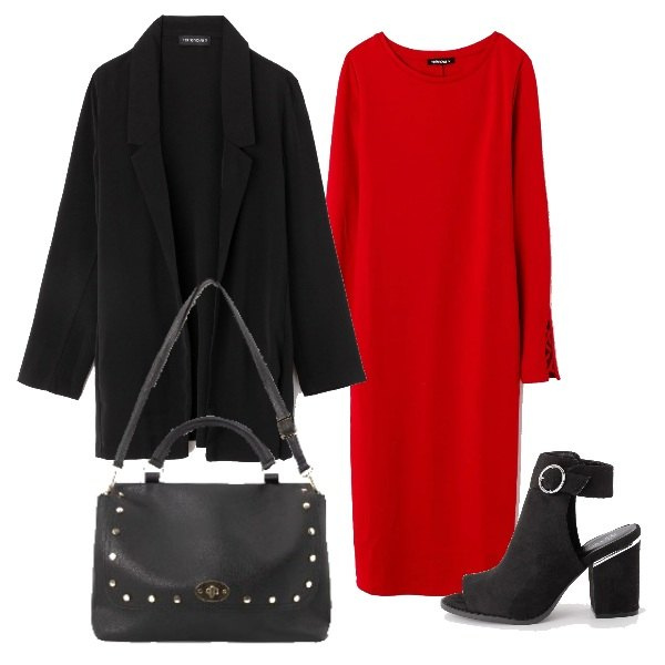 Outfit donna - Serata low cost. Stile Basic per Serata fuori. Abbinamento con vestito, giacca lunga tinta unita nero, borsa a tracolla cartella in ecopelle nero, sabot nero.
