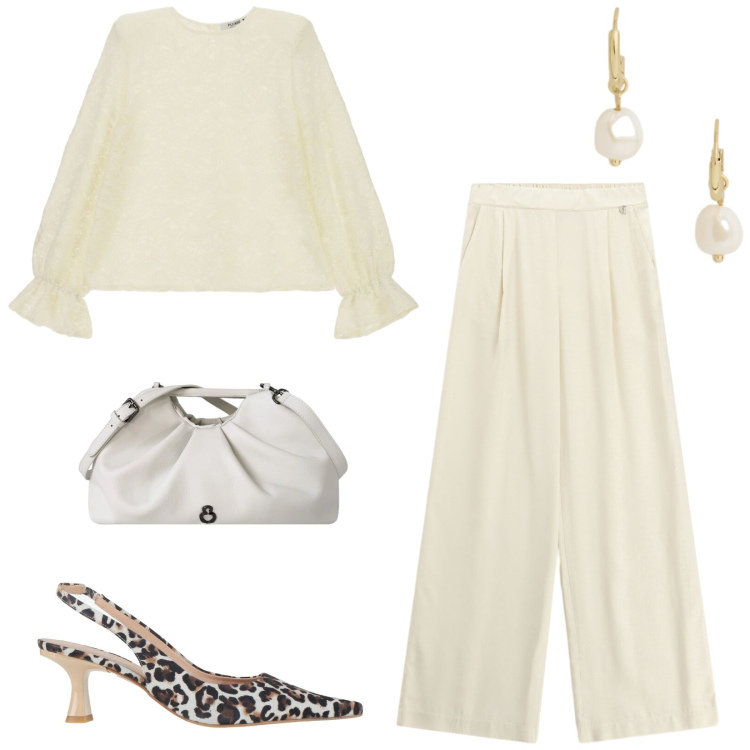 Outfit donna - Total look #2470140. Stile Chic per Ufficio. Abbinamento con décolleté, pantaloni a palazzo, bluse, clutch, orecchini.
