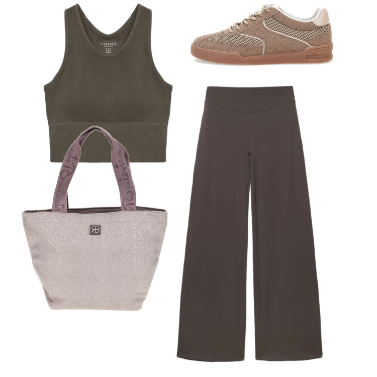 Outfit donna - Terranova - Active Collection FW26. Stile Basic per Sport. Abbinamento con leggings sportivo, top sportivi, sneakers, shopping bag.