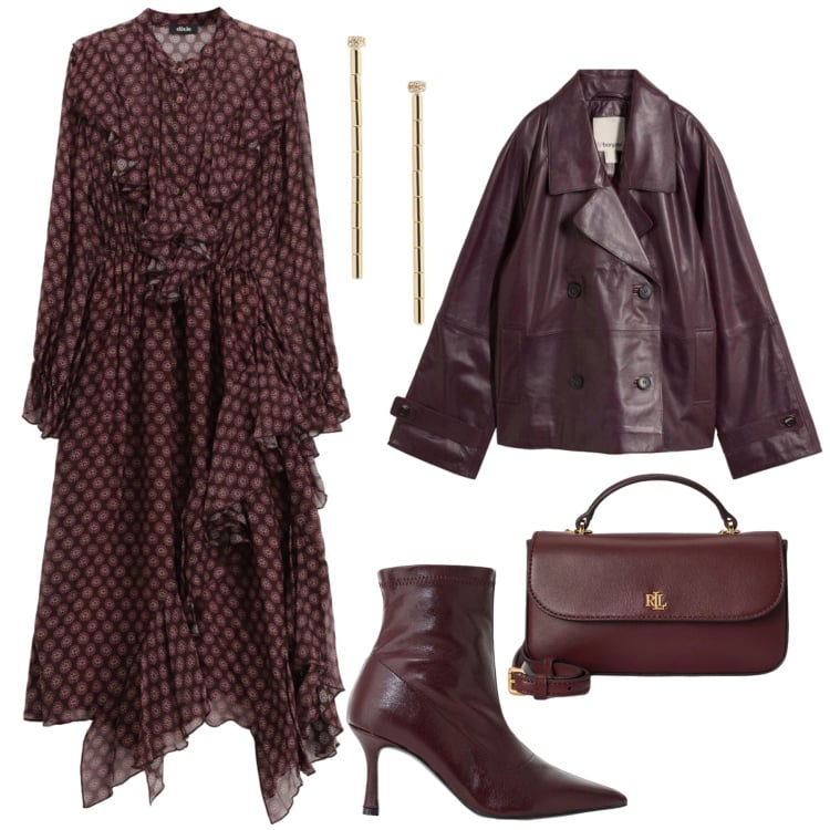 Outfit donna - Aperitivo monocromatico. Stile Casual chic per Serata fuori. Abbinamento con caban, stivaletti, vestiti asimmetrici, orecchini, borse a mano.