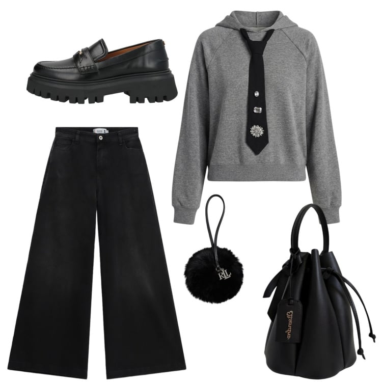 Outfit donna - La cravatta. Stile Trendy per Tutti i giorni. Abbinamento con mocassini, felpe con cappuccio, jeans, borse a secchiello, portachiavi.
