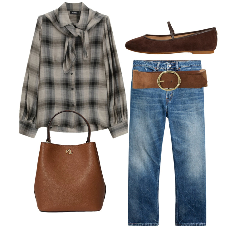 Outfit donna - Tartan & Fall Colors. Stile Casual per Tutti i giorni. Abbinamento con camicie, cinture, jeans, borse a secchiello, ballerine.