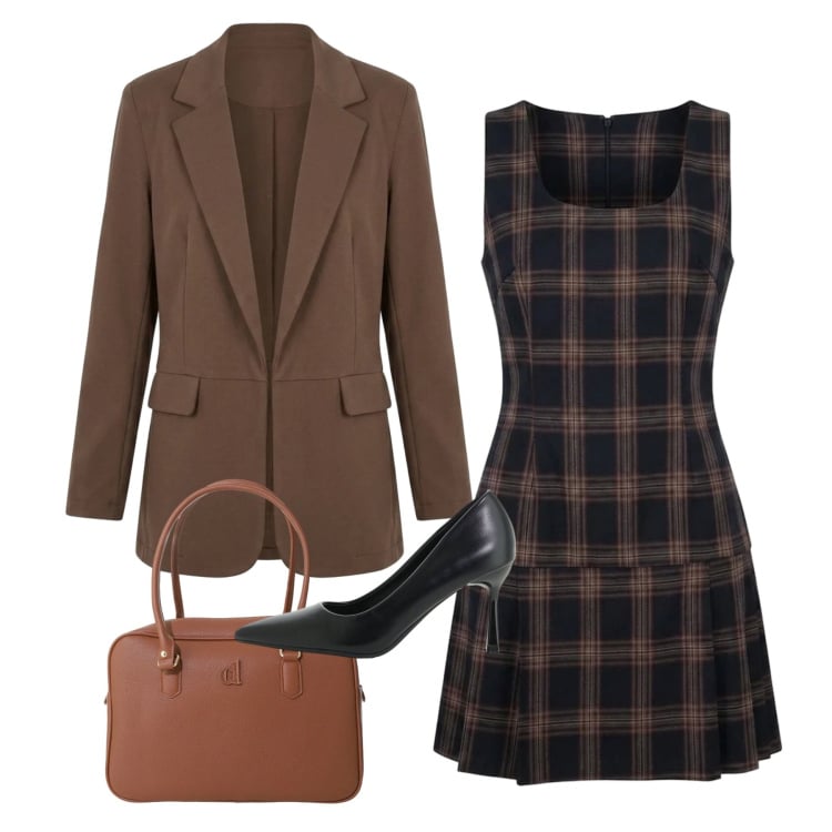 Outfit donna - Tartan & Fall Colors. Stile Bon Ton per Ufficio. Abbinamento con décolleté, borse a mano, blazer, vestiti corti.