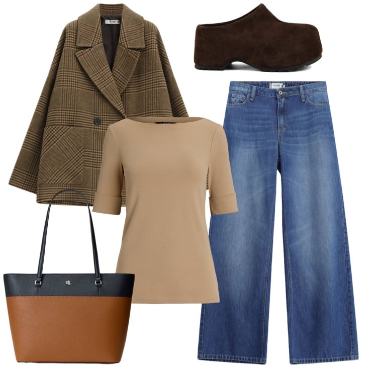 Outfit donna - Tartan & Fall Colors. Stile Casual chic per Tutti i giorni. Abbinamento con jeans, blazer, t-shirt, borse tote, zoccoli.